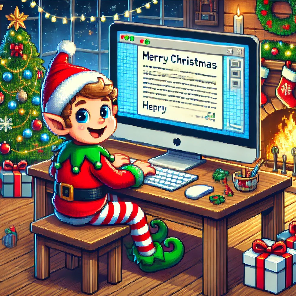 An Elf Writing a letter at a computer